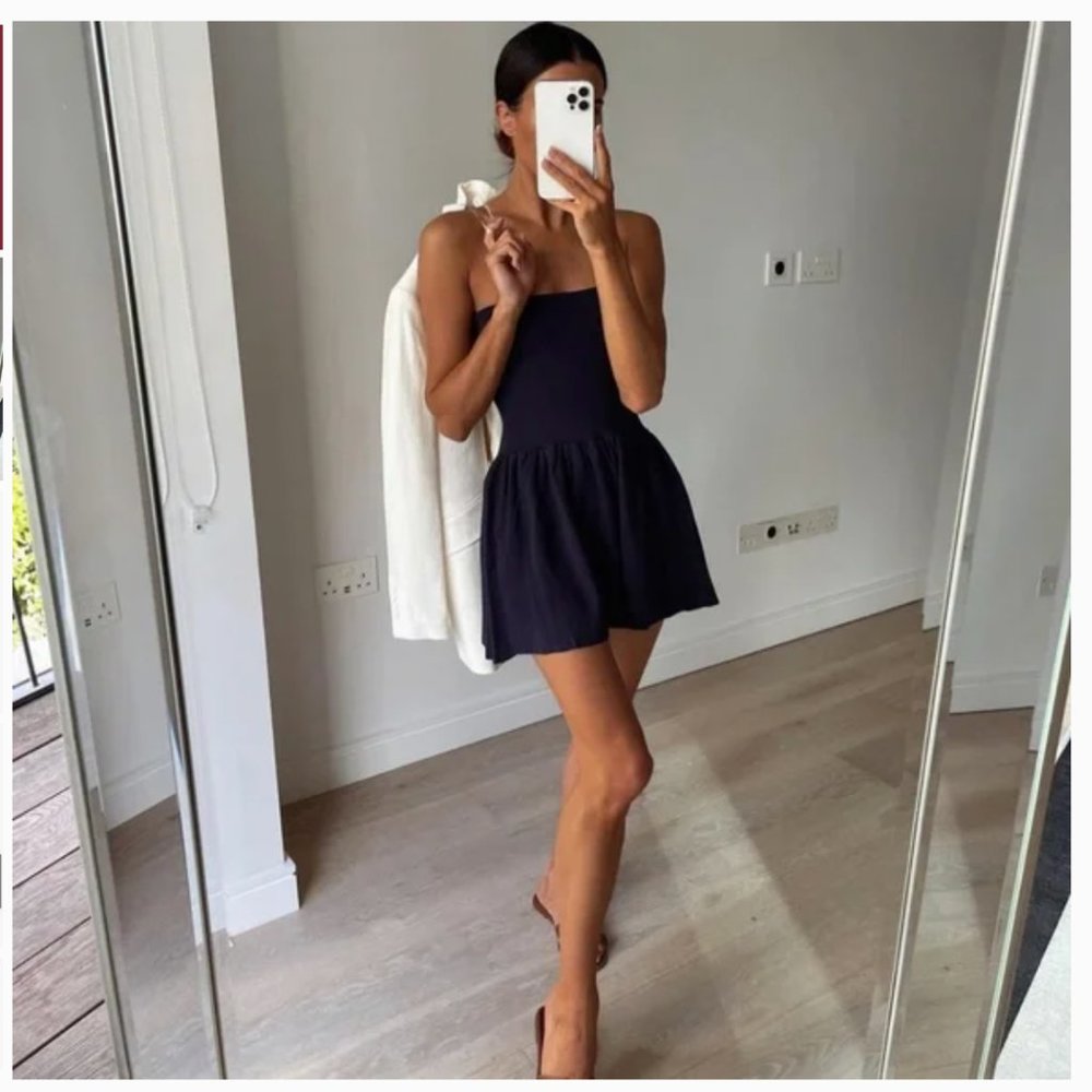 ZARA NAVY BLUE STRAPLESS TUBE BANDAGE KNIT STRETCH PEPLUM TUNIC MINI DRESS